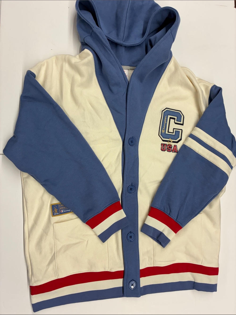 NEW Champion Blue & Cream Hooded Button-Front Sweatshirt with USA Patch Size XXL